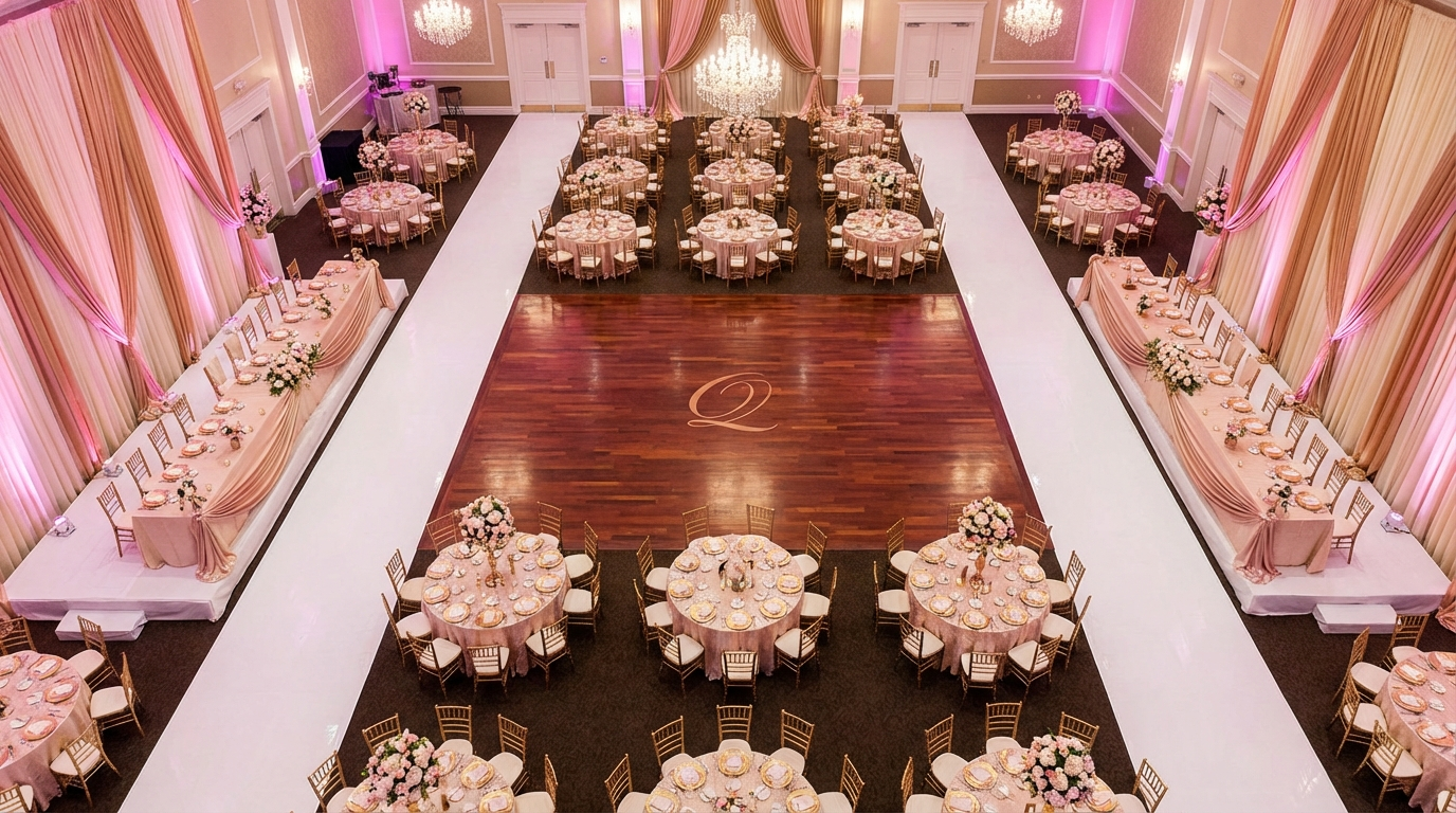 Sample Layouts by Guest Count for quinceañera table setup ideas - event planning photography