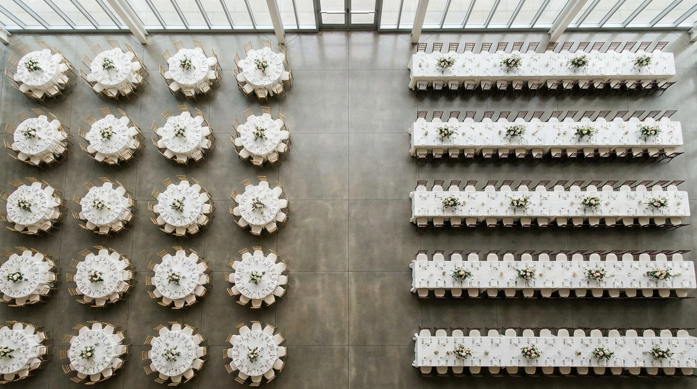 Cost Comparison for round vs rectangular tables wedding - event planning photography