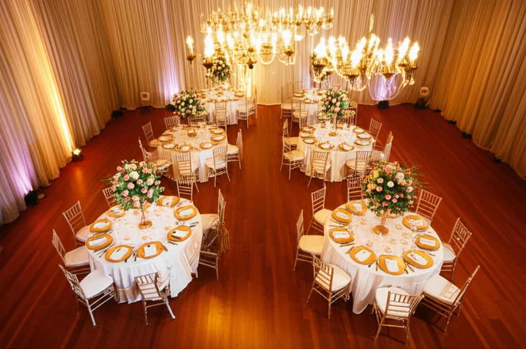 Complete event seating guide showing beautifully arranged tables at a wedding reception