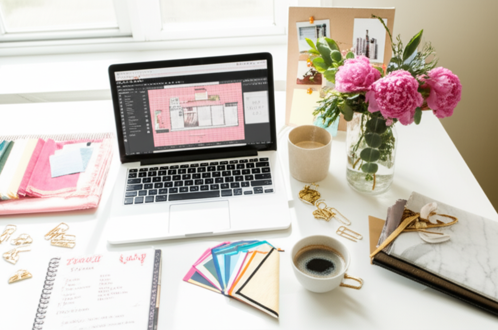 Event planning workspace with laptop, notebook, and planning materials for beginners