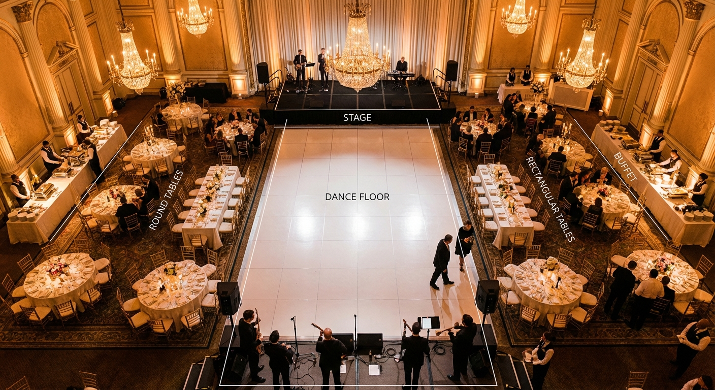 Ultimate guide to event floor planning showing an elegant ballroom layout with tables and dance floor